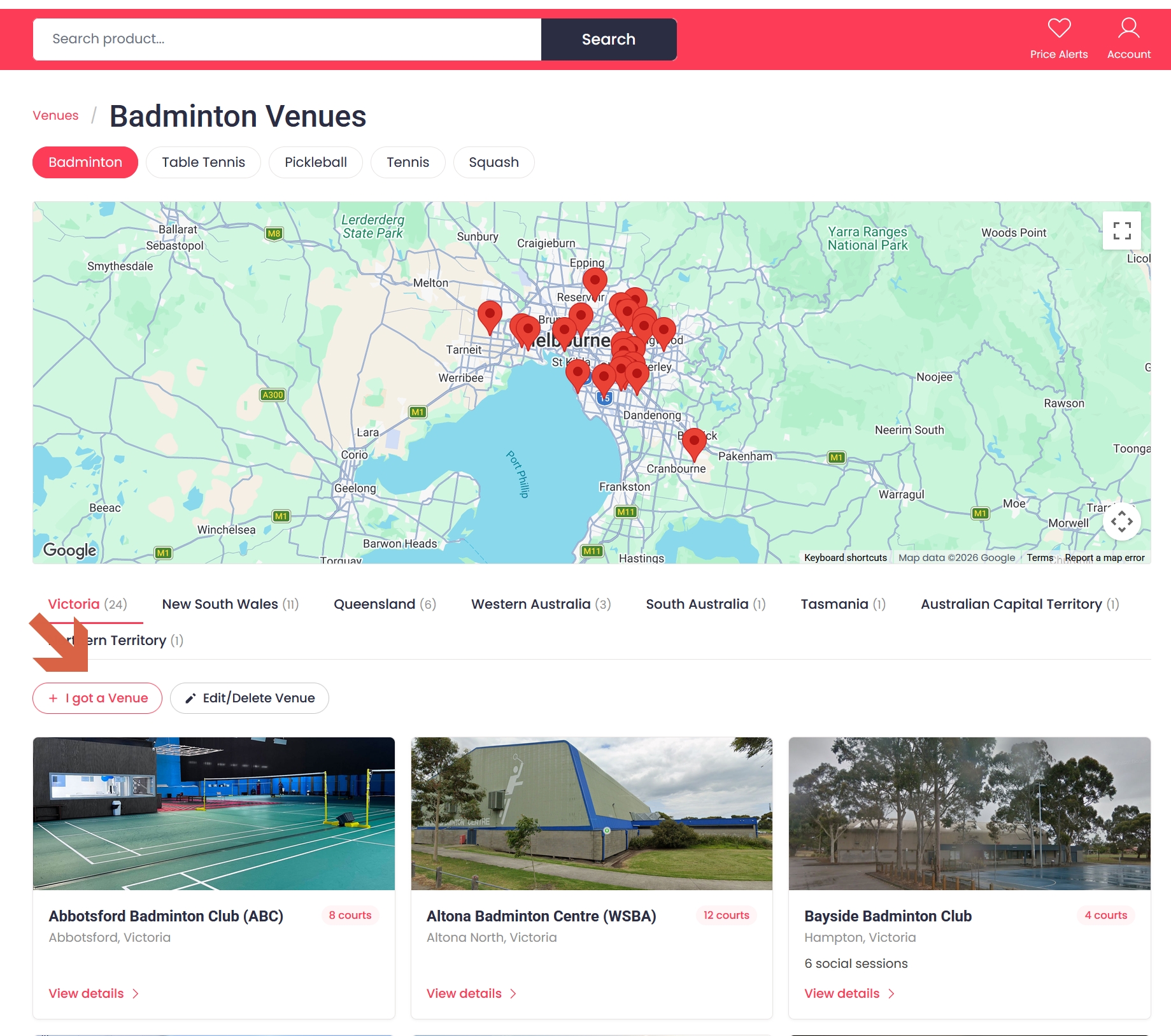 Example of the 'I got a Venue' button on the venues list page